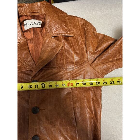 Perverze Jacket Womens Medium Brown Faux Leather Long Coat Button Up Retro Look - Picture 13 of 16